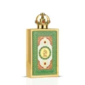 Queen Of Arabia Lattafa Pride gold rectangular edp perfume bottle closeup front side white background