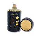 Lattafa Khalta Blend Of Lattafa Eau De Parfum 100ml — A dark blue perfume bottle with a textured, carved outer layer revealing gold accents inside, next to its matching cap with a gold circular emblem. | Lattafa Khalta Blend Of Lattafa Eau De Parfum 100ml — Botol minyak wangi biru gelap dengan lapisan luar bertekstur