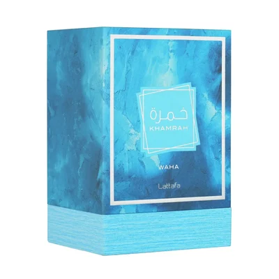 Lattafa Khamrah Waha Lattafa Perfumes 100ml EDP — A clear glass perfume bottle with a textured cap sits next to its blue