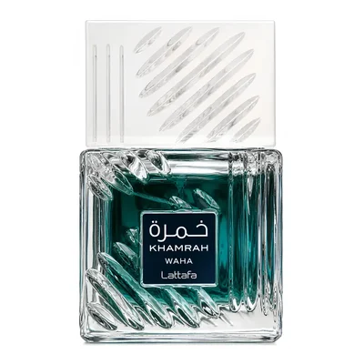 Lattafa Khamrah Waha Lattafa Perfumes 100ml EDP — A clear glass perfume bottle with a textured cap sits next to its blue