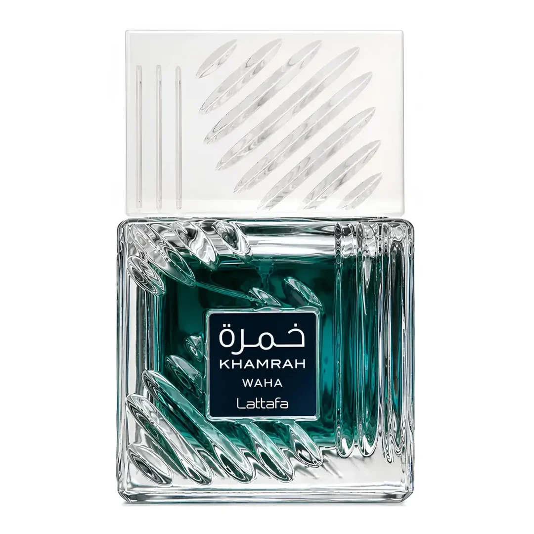 Lattafa Khamrah Waha Lattafa Perfumes 100ml EDP — A clear glass perfume bottle with a textured cap sits next to its blue