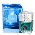 Lattafa Khamrah Waha Lattafa Perfumes 100ml EDP — A clear glass perfume bottle with a textured cap sits next to its blue