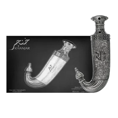 Niche Emarati Khanjar by Niche Emarati 85ml EDP — Black box with silver label and ornate dagger-shaped perfume bottle