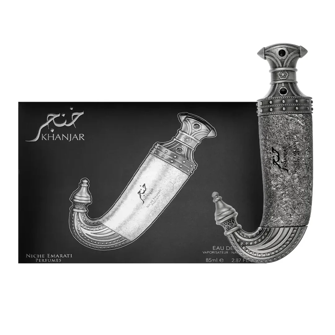 Niche Emarati Khanjar by Niche Emarati 85ml EDP — Black box with silver label and ornate dagger-shaped perfume bottle