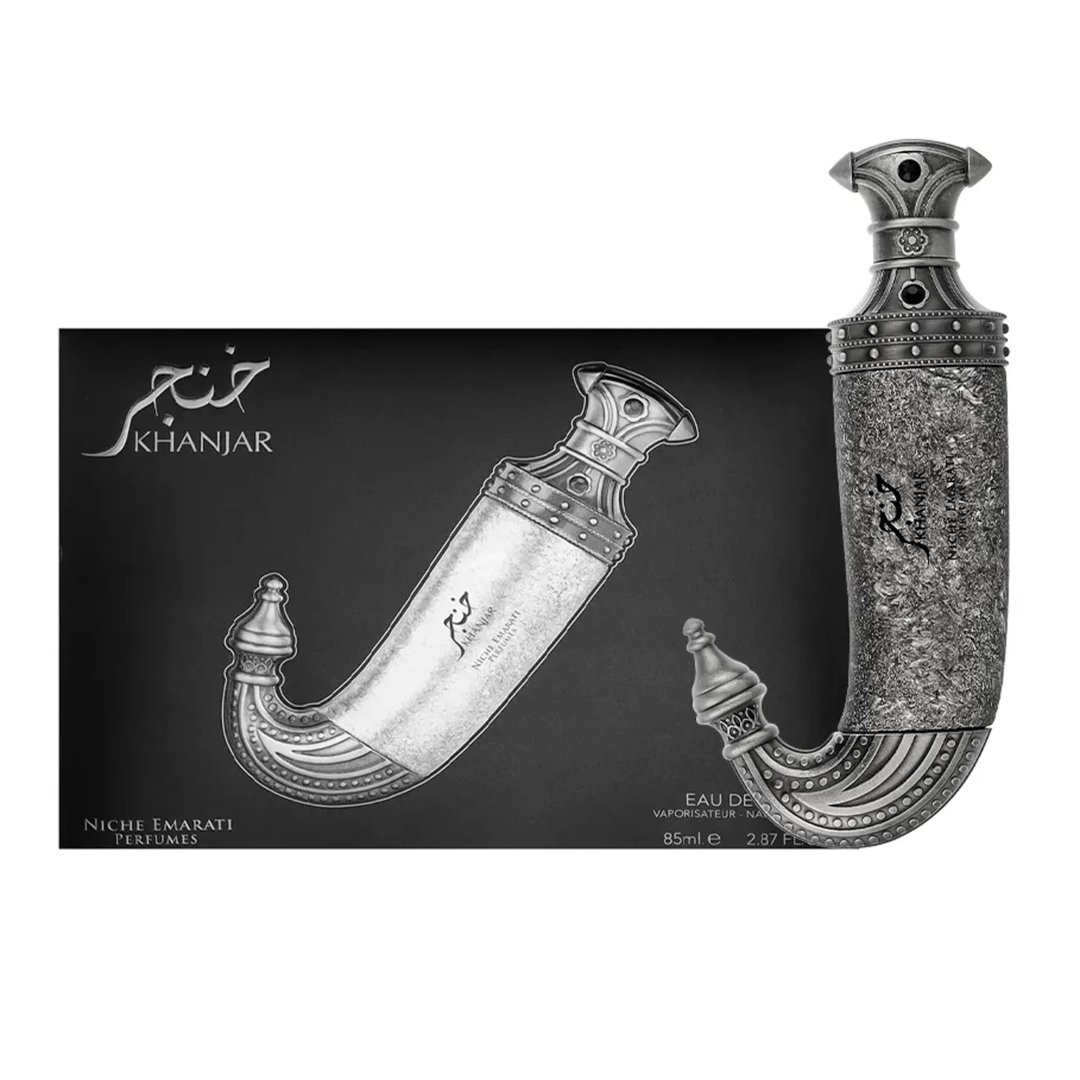 Niche Emarati Khanjar by Niche Emarati 85ml EDP — Black box with silver label and ornate dagger-shaped perfume bottle