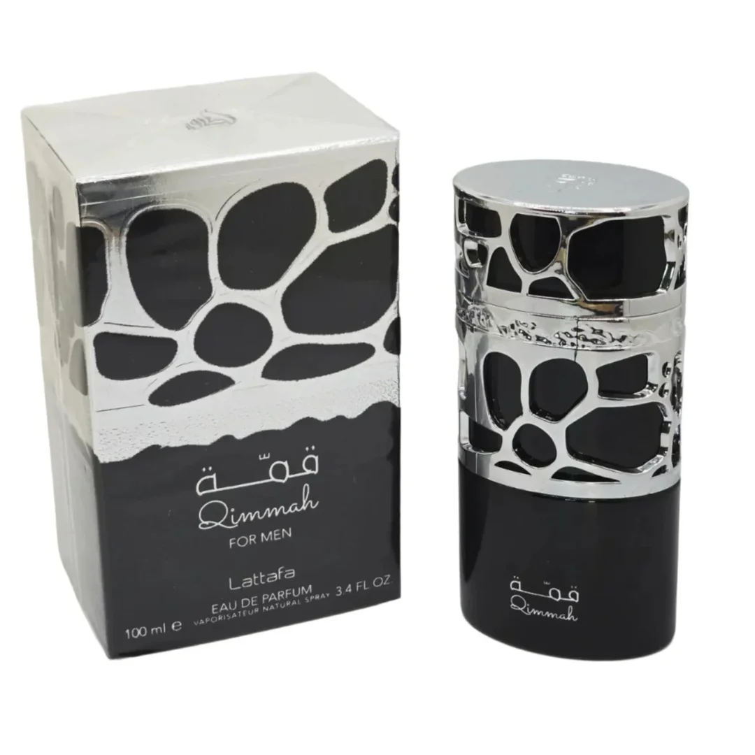 Lattafa Qimmah Eau De Parfum for Men 100ml — A black and silver perfume box with a pattern of irregular black shapes on a silver background, next to a black perfume bottle with a silver cap featuring a similar pattern. | Lattafa Qimmah Eau De Parfum for Men 100ml — Kotak minyak wangi hitam dan perak dengan corak