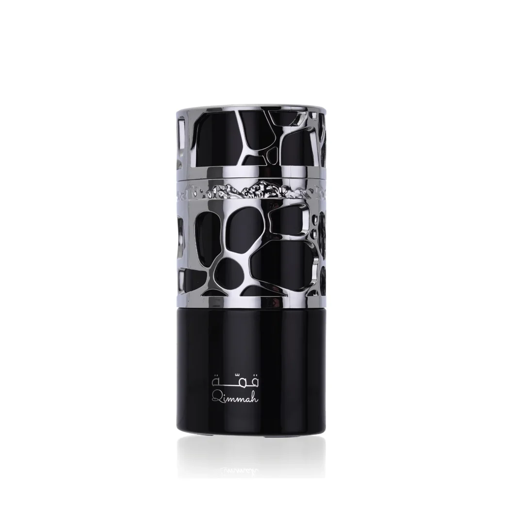 Lattafa Qimmah Eau De Parfum for Men 100ml — A black and silver perfume box with a pattern of irregular black shapes on a silver background, next to a black perfume bottle with a silver cap featuring a similar pattern. | Lattafa Qimmah Eau De Parfum for Men 100ml — Kotak minyak wangi hitam dan perak dengan corak