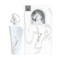 Lattafa Maahir Honor 100ml by Lattafa — White perfume bottle with a horse head stopper, tied with a white ribbon, inside an open white box with a cutout flap | Lattafa Maahir Honor 100ml by Lattafa — Botol minyak wangi putih dengan penutup kepala kuda, diikat dengan reben putih, di dalam kotak putih terbuka dengan