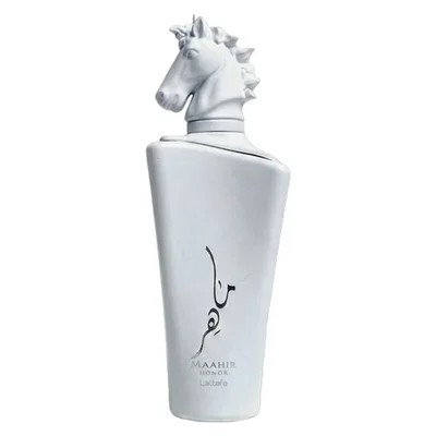 Lattafa Maahir Honor 100ml by Lattafa — White perfume bottle with a horse head stopper, tied with a white ribbon, inside an open white box with a cutout flap | Lattafa Maahir Honor 100ml by Lattafa — Botol minyak wangi putih dengan penutup kepala kuda, diikat dengan reben putih, di dalam kotak putih terbuka dengan