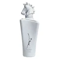 Lattafa Maahir Honor 100ml by Lattafa — White perfume bottle with a horse head stopper, tied with a white ribbon, inside an open white box with a cutout flap | Lattafa Maahir Honor 100ml by Lattafa — Botol minyak wangi putih dengan penutup kepala kuda, diikat dengan reben putih, di dalam kotak putih terbuka dengan