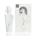 Lattafa Maahir Honor 100ml by Lattafa — White perfume bottle with a horse head stopper, tied with a white ribbon, inside an open white box with a cutout flap | Lattafa Maahir Honor 100ml by Lattafa — Botol minyak wangi putih dengan penutup kepala kuda, diikat dengan reben putih, di dalam kotak putih terbuka dengan