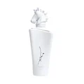 Lattafa Maahir Honor 100ml by Lattafa — White perfume bottle with a horse head stopper, tied with a white ribbon, inside an open white box with a cutout flap | Lattafa Maahir Honor 100ml by Lattafa — Botol minyak wangi putih dengan penutup kepala kuda, diikat dengan reben putih, di dalam kotak putih terbuka dengan
