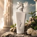 Lattafa Maahir Honor 100ml by Lattafa — White perfume bottle with a horse head stopper, tied with a white ribbon, inside an open white box with a cutout flap | Lattafa Maahir Honor 100ml by Lattafa — Botol minyak wangi putih dengan penutup kepala kuda, diikat dengan reben putih, di dalam kotak putih terbuka dengan