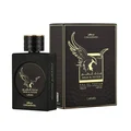 Lattafa Malik Al Tayoor Concentrated 100ml — Black perfume bottle with gold cap and eagle emblem, next to its black and gold patterned box with matching emblem. | Lattafa Malik Al Tayoor Concentrated 100ml — Botol minyak wangi hitam dengan penutup emas dan lambang helang, bersebelahan kotak corak hitam dan emasnya