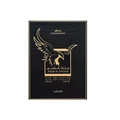 Lattafa Malik Al Tayoor Concentrated 100ml — Black perfume bottle with gold cap and eagle emblem, next to its black and gold patterned box with matching emblem. | Lattafa Malik Al Tayoor Concentrated 100ml — Botol minyak wangi hitam dengan penutup emas dan lambang helang, bersebelahan kotak corak hitam dan emasnya