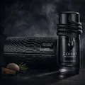 Lattafa Musamam Black Intense 100ml by Lattafa — Black snake coiled around a dark perfume bottle, with a textured black case in the background. | Lattafa Musamam Black Intense 100ml by Lattafa — Ular hitam melilit botol minyak wangi gelap, dengan bekas bertekstur hitam di latar belakang.