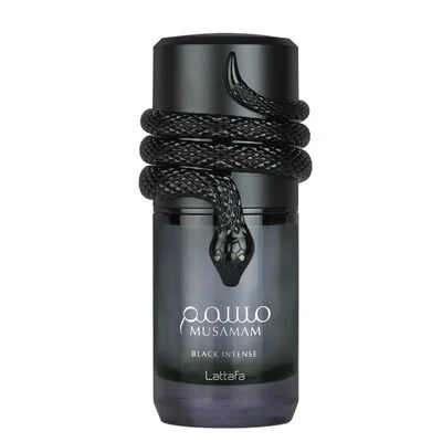 Lattafa Musamam Black Intense 100ml by Lattafa — Black snake coiled around a dark perfume bottle, with a textured black case in the background. | Lattafa Musamam Black Intense 100ml by Lattafa — Ular hitam melilit botol minyak wangi gelap, dengan bekas bertekstur hitam di latar belakang.