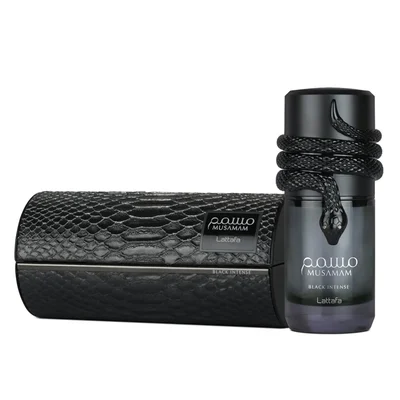 Lattafa Musamam Black Intense 100ml by Lattafa — Black snake coiled around a dark perfume bottle, with a textured black case in the background. | Lattafa Musamam Black Intense 100ml by Lattafa — Ular hitam melilit botol minyak wangi gelap, dengan bekas bertekstur hitam di latar belakang.