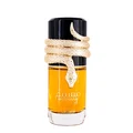 Lattafa Musamam Eau De Parfum 100ml by Lattafa — A golden snake coils around a clear glass perfume bottle filled with amber liquid, next to a textured brown cylindrical case with a snake-skin pattern. | Lattafa Musamam Eau De Parfum 100ml by Lattafa — Ular emas melilit botol minyak wangi kaca jernih berisi cecair