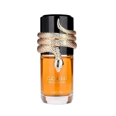 Lattafa Musamam Eau De Parfum 100ml by Lattafa — A golden snake coils around a clear glass perfume bottle filled with amber liquid, next to a textured brown cylindrical case with a snake-skin pattern. | Lattafa Musamam Eau De Parfum 100ml by Lattafa — Ular emas melilit botol minyak wangi kaca jernih berisi cecair