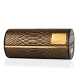Lattafa Musamam Eau De Parfum 100ml by Lattafa — A golden snake coils around a clear glass perfume bottle filled with amber liquid, next to a textured brown cylindrical case with a snake-skin pattern. | Lattafa Musamam Eau De Parfum 100ml by Lattafa — Ular emas melilit botol minyak wangi kaca jernih berisi cecair