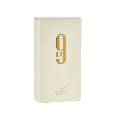 Afnan 9 AM by Afnan 100 ml EDP Unisex — cream box with gold '9 am' inscription on plain white