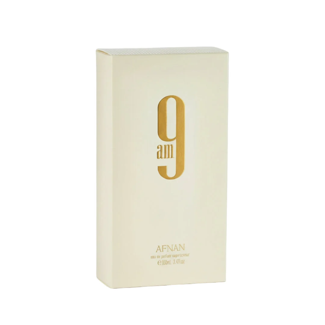 Afnan 9 AM by Afnan 100 ml EDP Unisex — cream box with gold '9 am' inscription on plain white