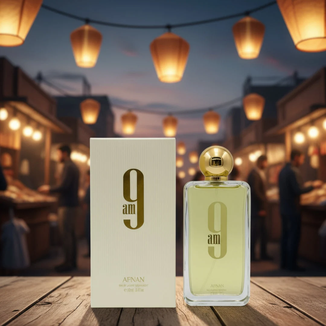Afnan 9 AM by Afnan 100 ml EDP Unisex — rectangular light yellow bottle, gold cap, matching box on wood, blurred market