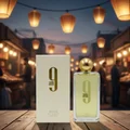 Afnan 9 AM by Afnan 100 ml EDP Unisex — rectangular light yellow bottle, gold cap, matching box on wood, blurred market