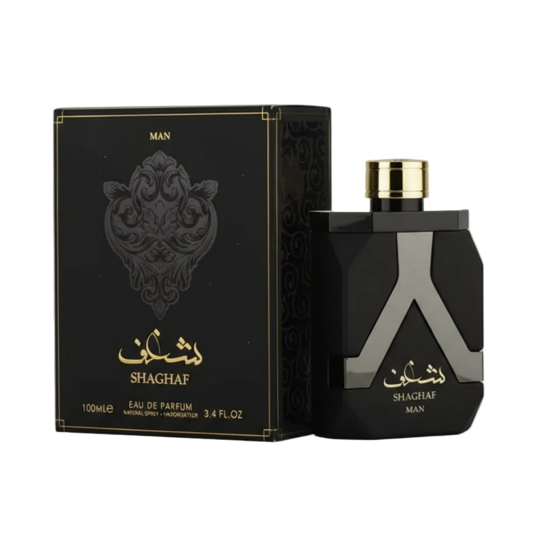 Shaghaf Man Asdaaf Lattafa perfume black packaging gold cap white background closeup side view