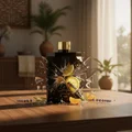 Shaghaf Man Asdaaf Lattafa cologne black glass wooden table surrounded lemons lavender pieces