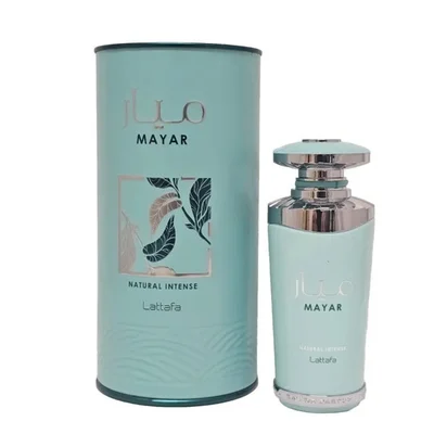 Mayar Natural Intense Lattafa perfume bottle and box light blue silver cap white