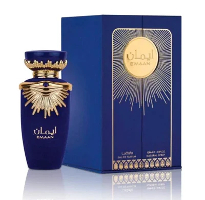 Emaan Lattafa unisex edp botol biru gold hiasan kotak samping putih
