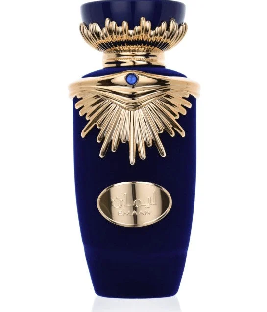 Emaan Lattafa dark blue unisex perfume gold accessories white background closeup front