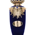 Emaan Lattafa dark blue unisex perfume gold accessories white background closeup front