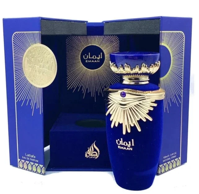 Emaan Lattafa unisex edp blue gold bottle ornament box gold packaging