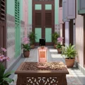 Ana Abiyedh Coral Lattafa edp on wooden table Malay style corridor plants flowers