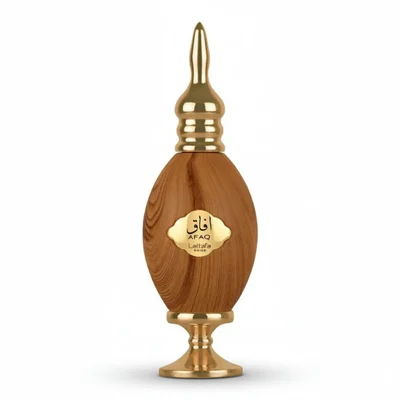 Afaq Gold Lattafa edp wooden bottle white background studio