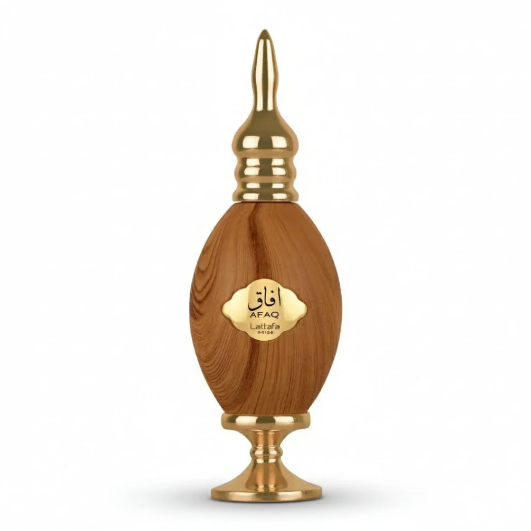 Afaq Gold Lattafa edp wooden bottle white background studio