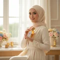 Woman in hijab holding Afkaar Lattafa edp near window flowers