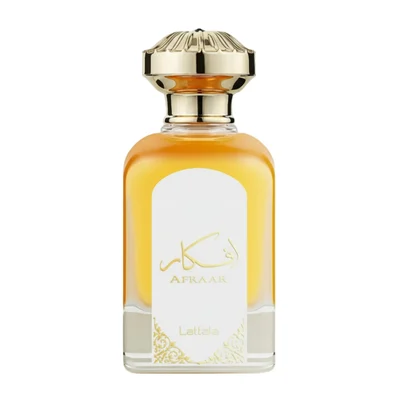 Afkaar Lattafa edp botol kaca cecair oren cap emas pandangan depan