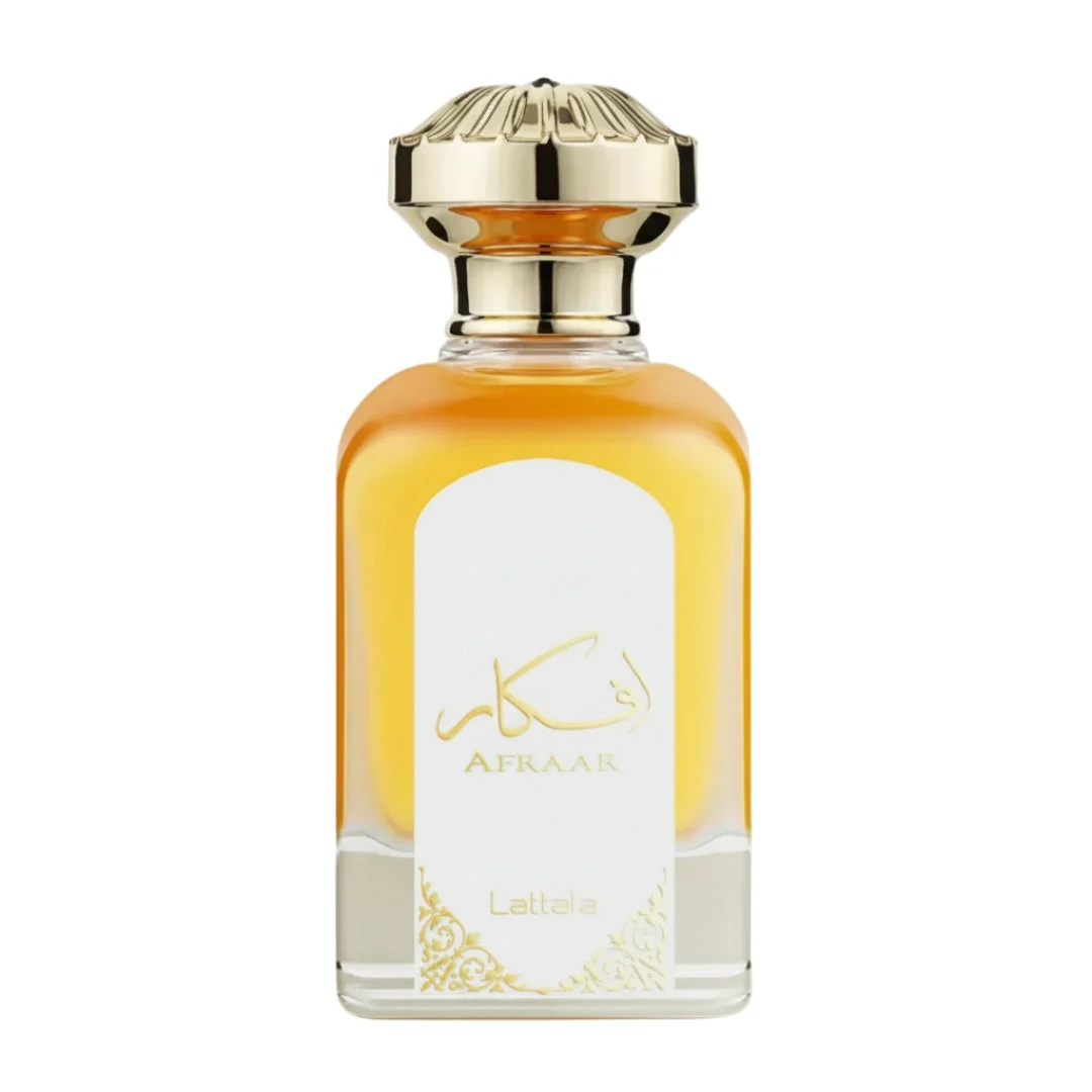 Afkaar Lattafa edp glass bottle orange liquid gold cap front view