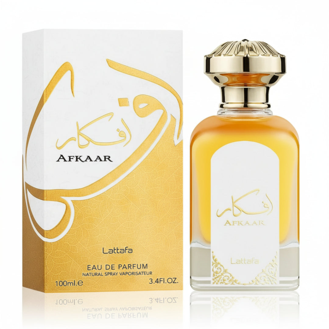 Afkaar Lattafa edp gold kotak putih pandangan depan set penuh