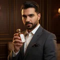 Man in suit holding Afkaar Lattafa edp dark background