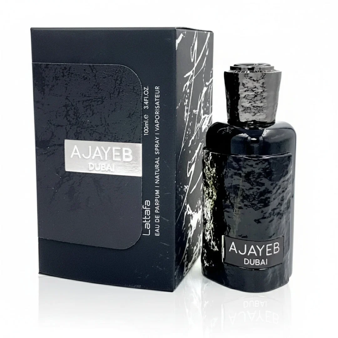 Ajayeb Dubai Lattafa edp black marble packaging white background closeup front view