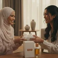 Two women exchanging Ajayeb Dubai Portrait Lattafa edp gift modern room