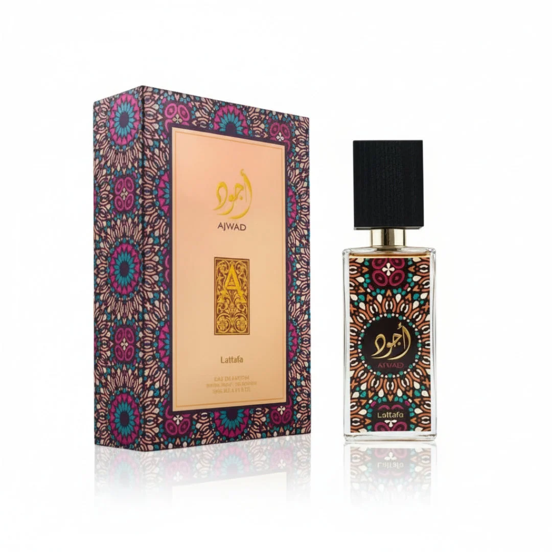 Ajwad Lattafa unisex edp perfume bottle and box colorful design side view closeup