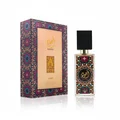 Ajwad Lattafa unisex edp perfume bottle and box colorful design side view closeup