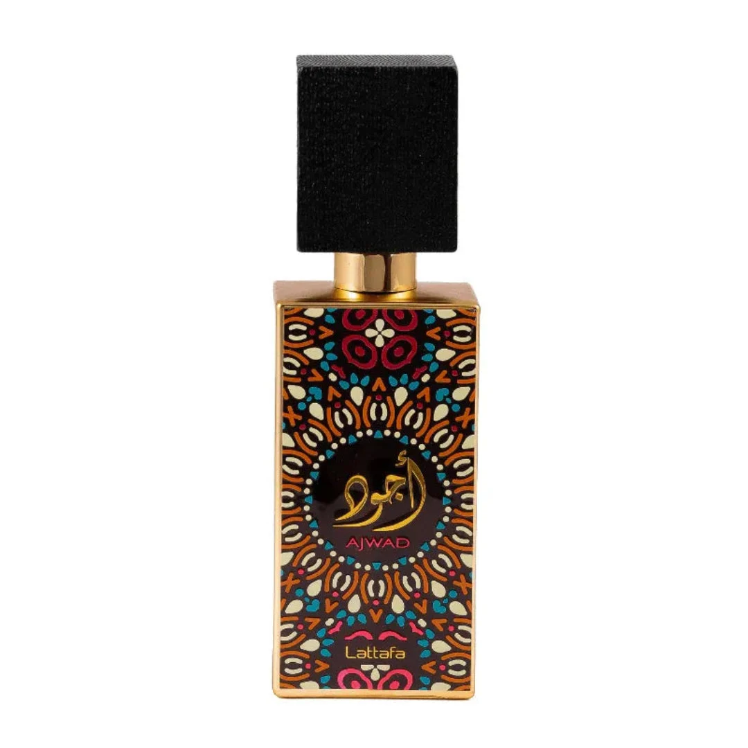 Ajwad Lattafa unisex edp bottle with colorful decoration on black box gold cap