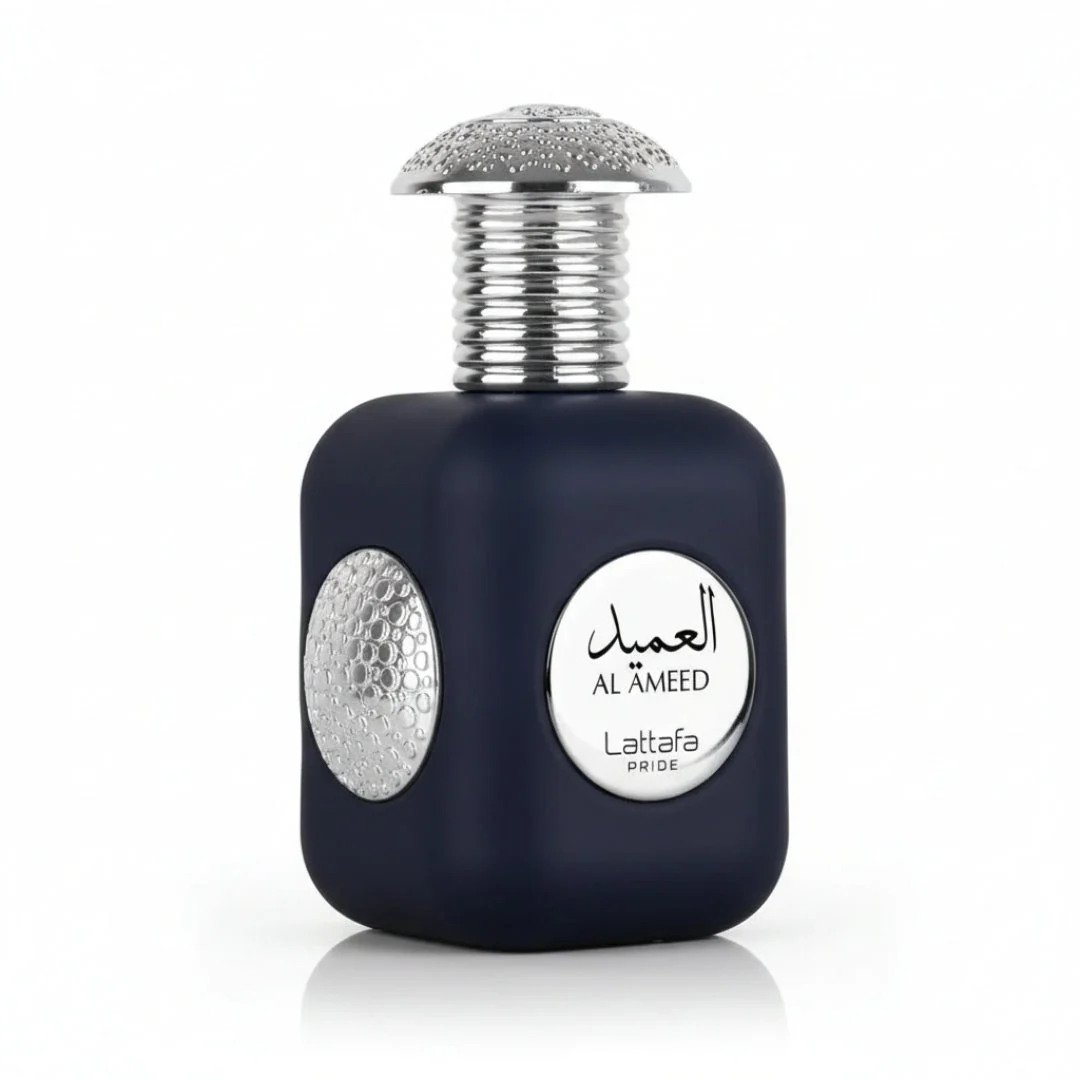 Al Ameed Lattafa edp dark blue fragrance cologne white background closeup front view
